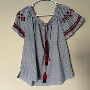 LOFT Blue Relaxed Blouse with Embellished Neckline